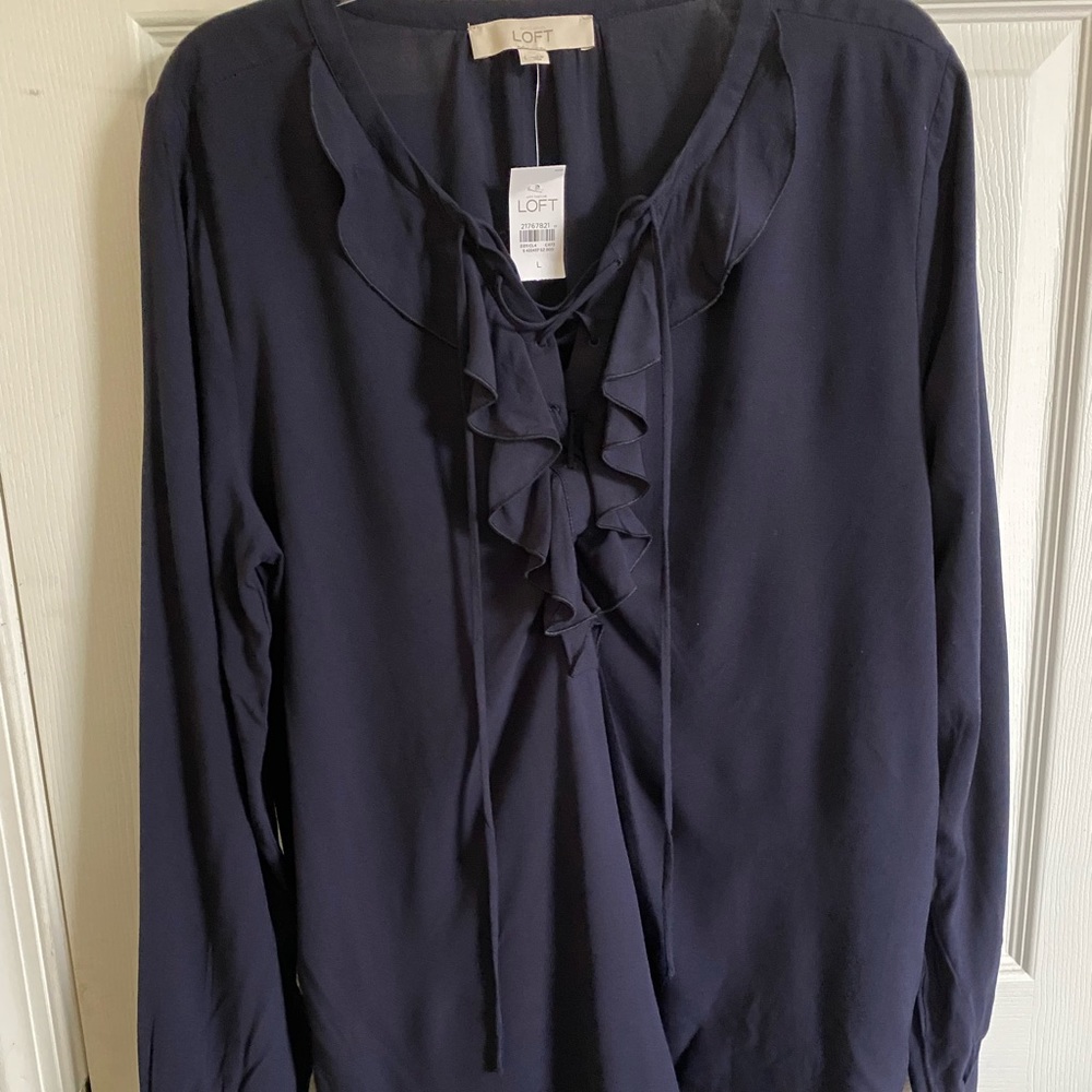 NWT Ann Taylor LOFT Women Long Sleeve Navy Blouse Sz L